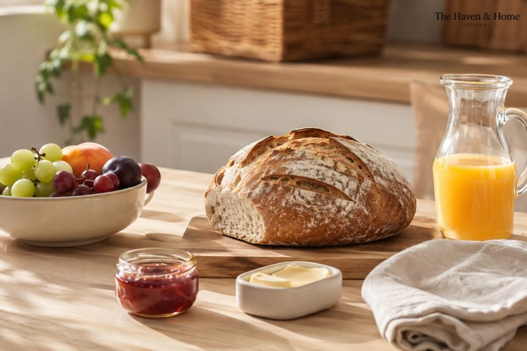 Pães, frutas, geleia e bebida servidos em tábua, bowls e potes de vidro.