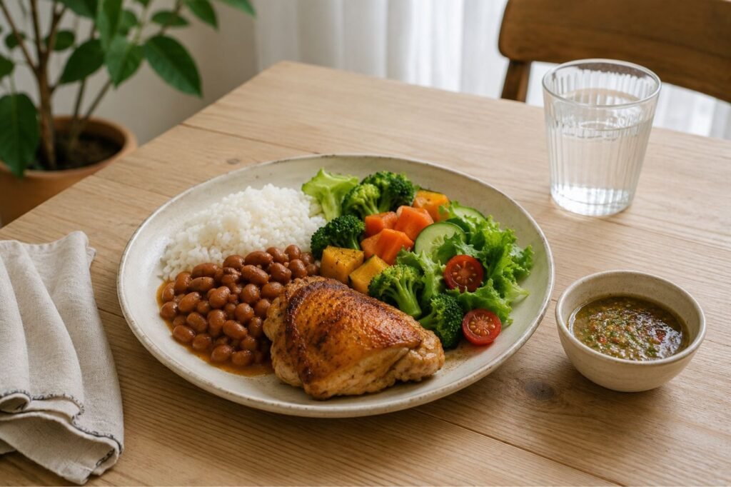 Prato de almoço com arroz, feijão, legumes, salada e proteína organizados em porções.