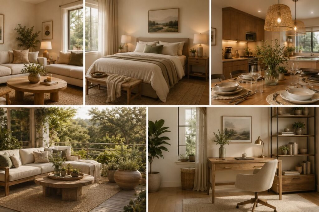 Ambientes de uma casa aconchegante com sala de estar, quarto, cozinha, varanda, área externa e escritório decorados em tons naturais.