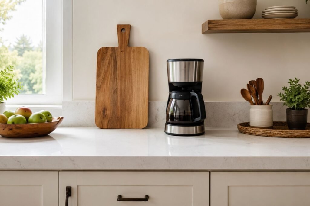 Bancada de cozinha livre com cafeteira, fruteira e utensílios agrupados