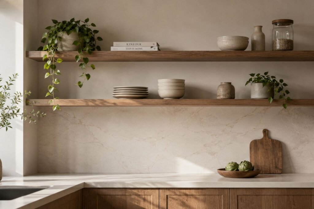 Bancada e prateleiras de cozinha com decoração leve e organizada