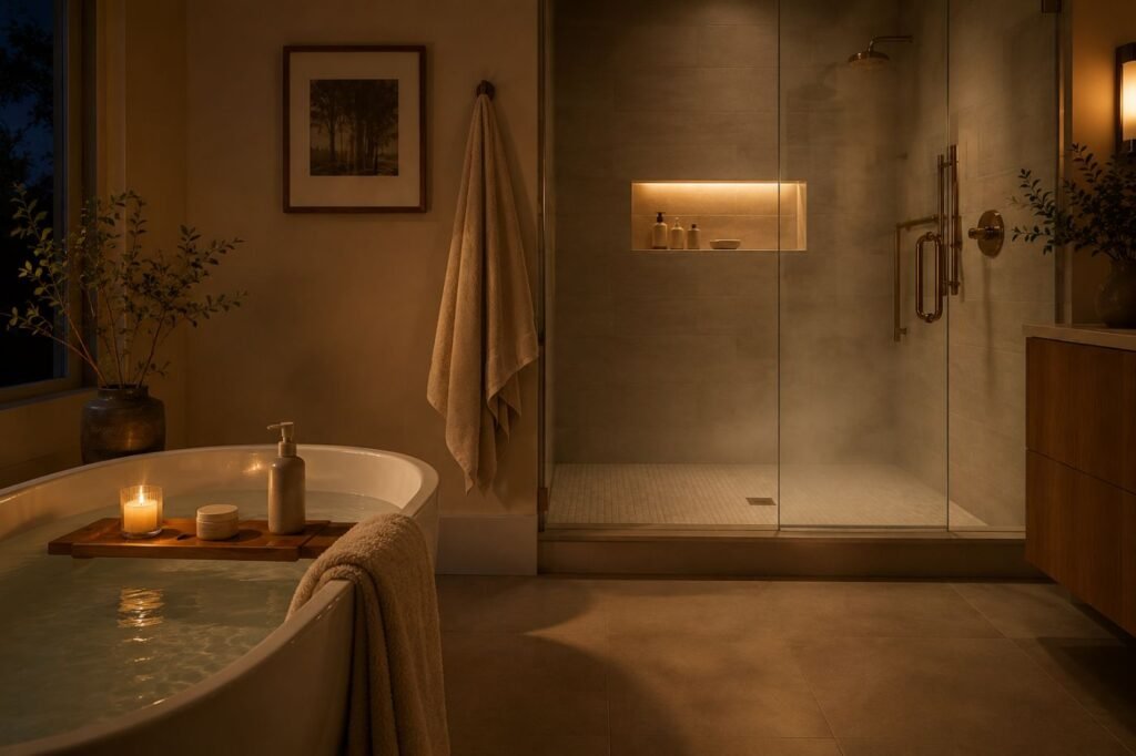 Banheiro com iluminação quente, toalha preparada e poucos produtos para um banho relaxante à noite.