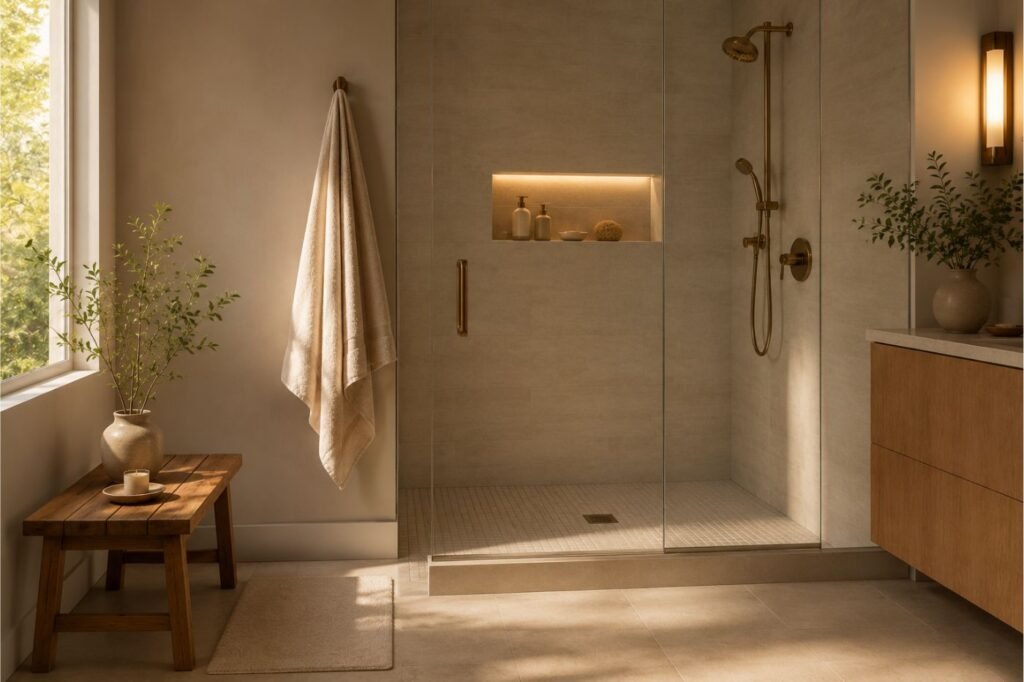 Banheiro sem banheira com box organizado, toalha preparada e iluminação suave para um banho relaxante.