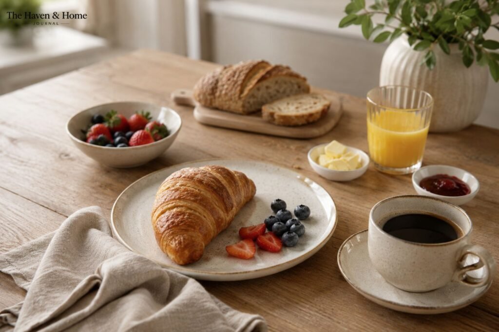 Café da manhã com croissant, frutas, café e louças neutras em mesa de madeira clara.