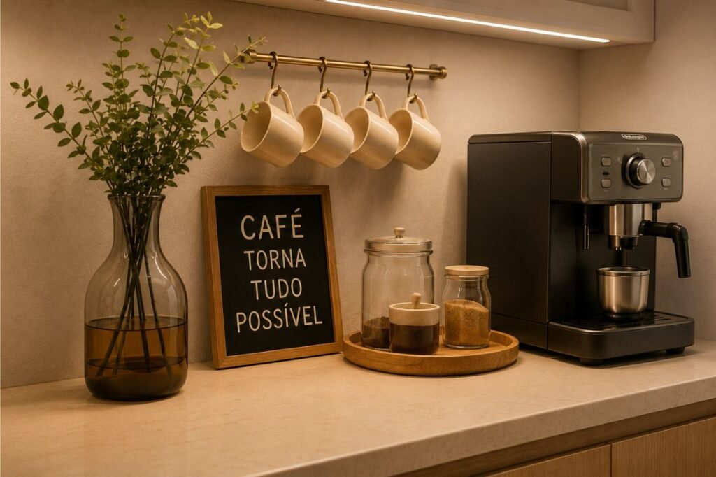 Cantinho do café aconchegante na cozinha com decoração charmosa.