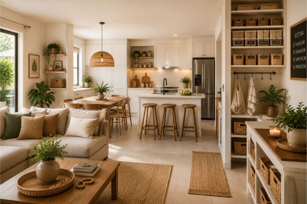 Casa organizada com sala e cozinha integradas, bancadas livres, cestos de armazenamento e móveis funcionais para facilitar a rotina.