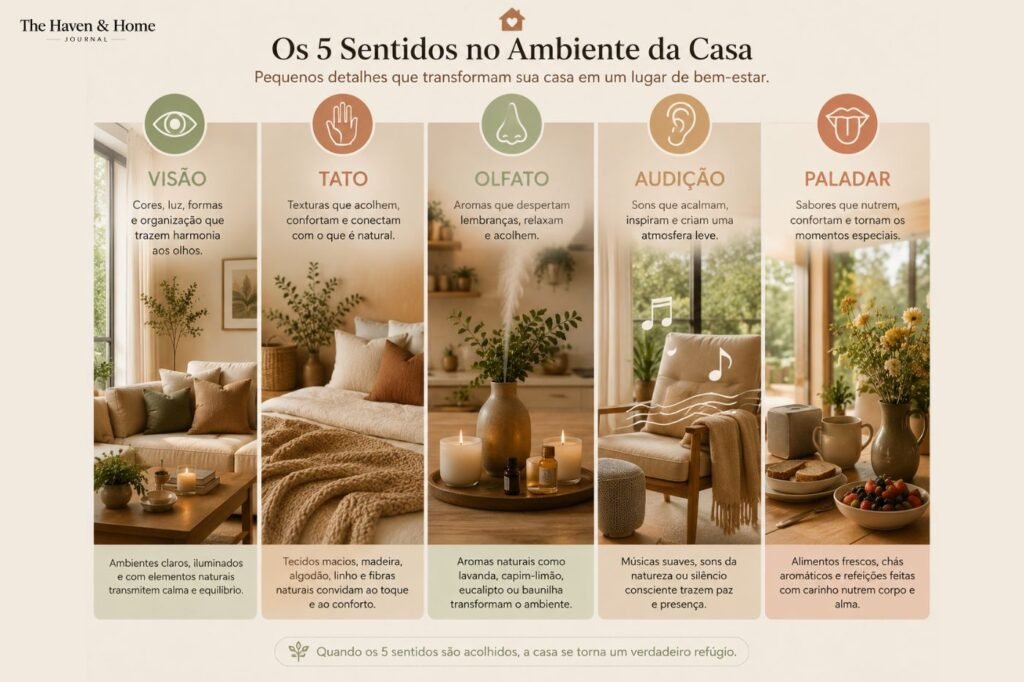 Infográfico dos cinco sentidos em uma casa aconchegante com visão, tato, olfato, audição e paladar representados em ambientes acolhedores.