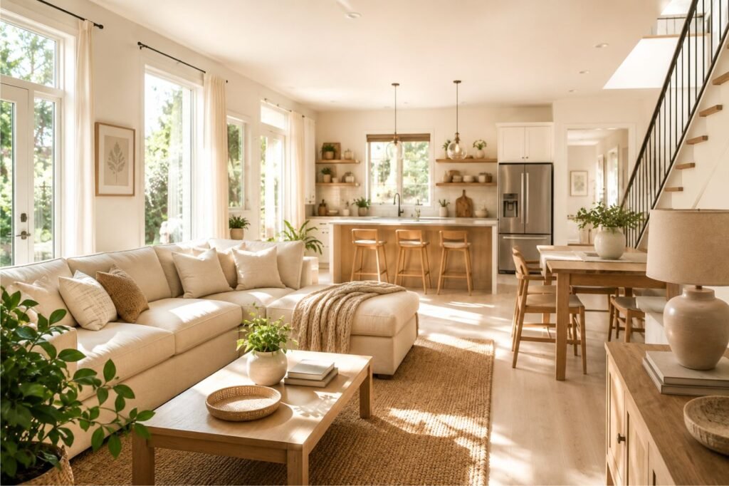 Como criar uma casa aconchegante com ambientes integrados, iluminação natural abundante, madeira clara e decoração acolhedora.
