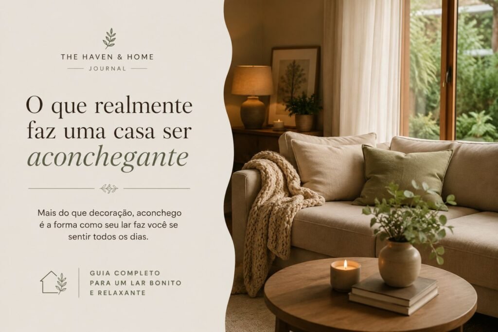 Como criar uma casa aconchegante com sala acolhedora, iluminação suave, materiais naturais e decoração equilibrada.