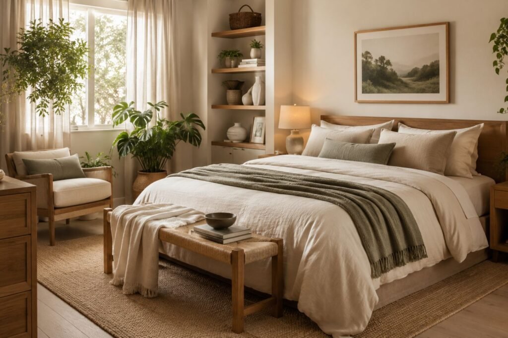 Como decorar um quarto aconchegante com plantas, madeira natural, tecidos suaves e decoração acolhedora.