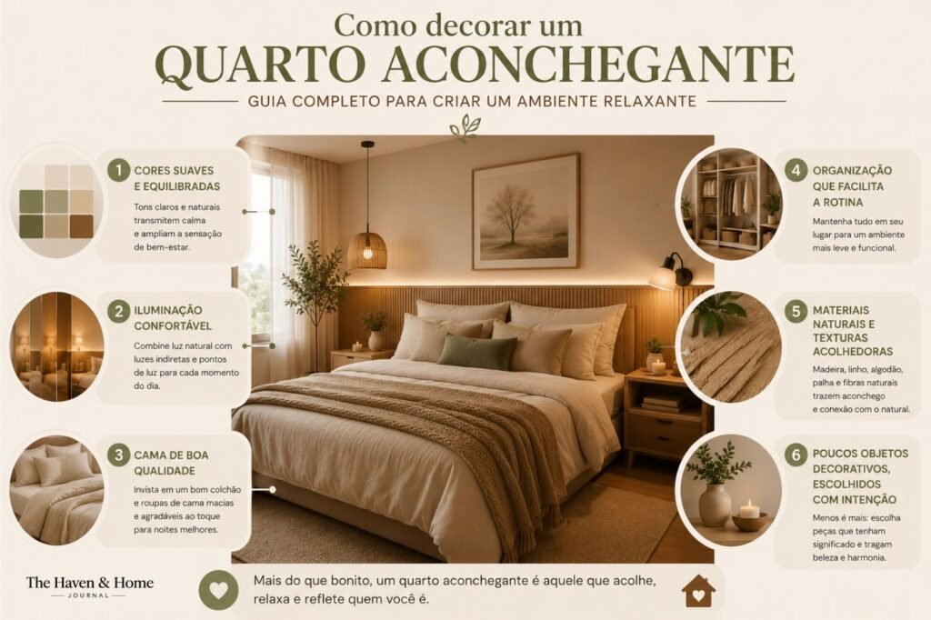 Como decorar um quarto aconchegante com cores suaves, iluminação confortável, cama de qualidade, organização, materiais naturais e poucos objetos decorativos.
