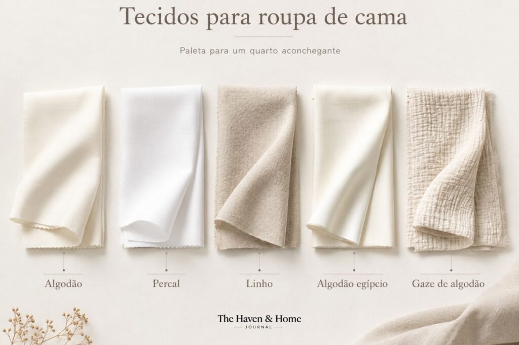 Como decorar um quarto aconchegante com cama em tons neutros e roupas de cama de algodão, percal, linho, algodão egípcio e gaze de algodão.