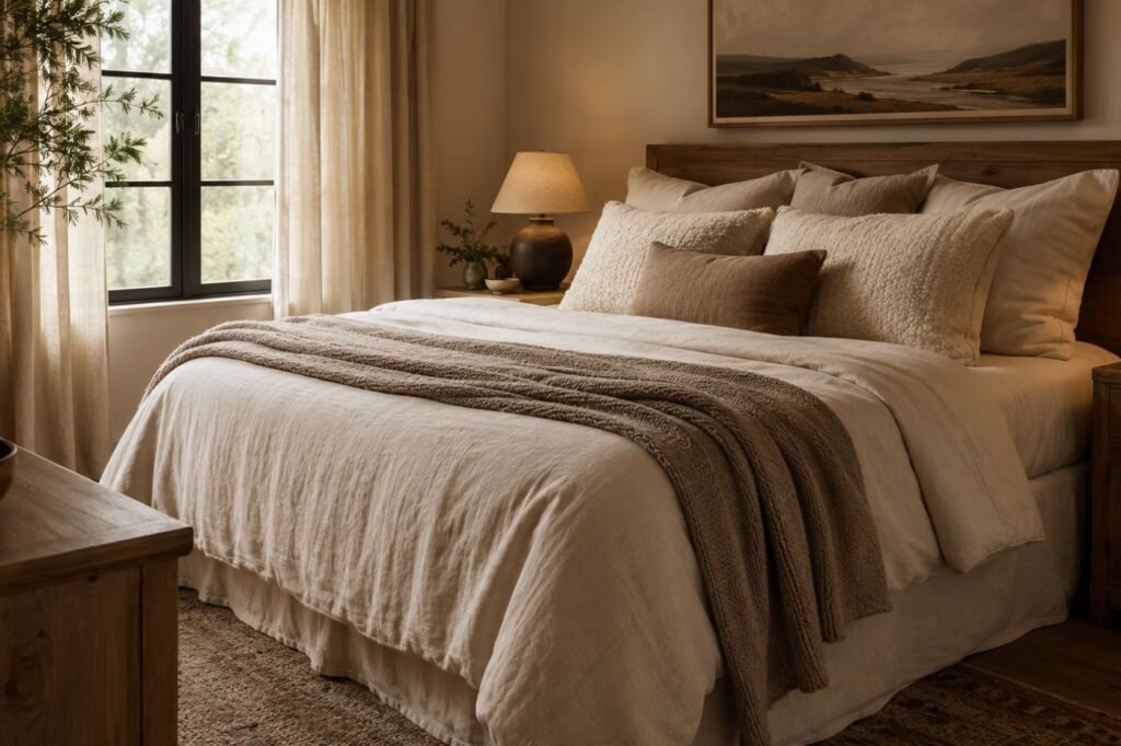 Como decorar um quarto aconchegante com texturas acolhedoras, manta sobre a cama, almofadas decorativas e tons neutros.
