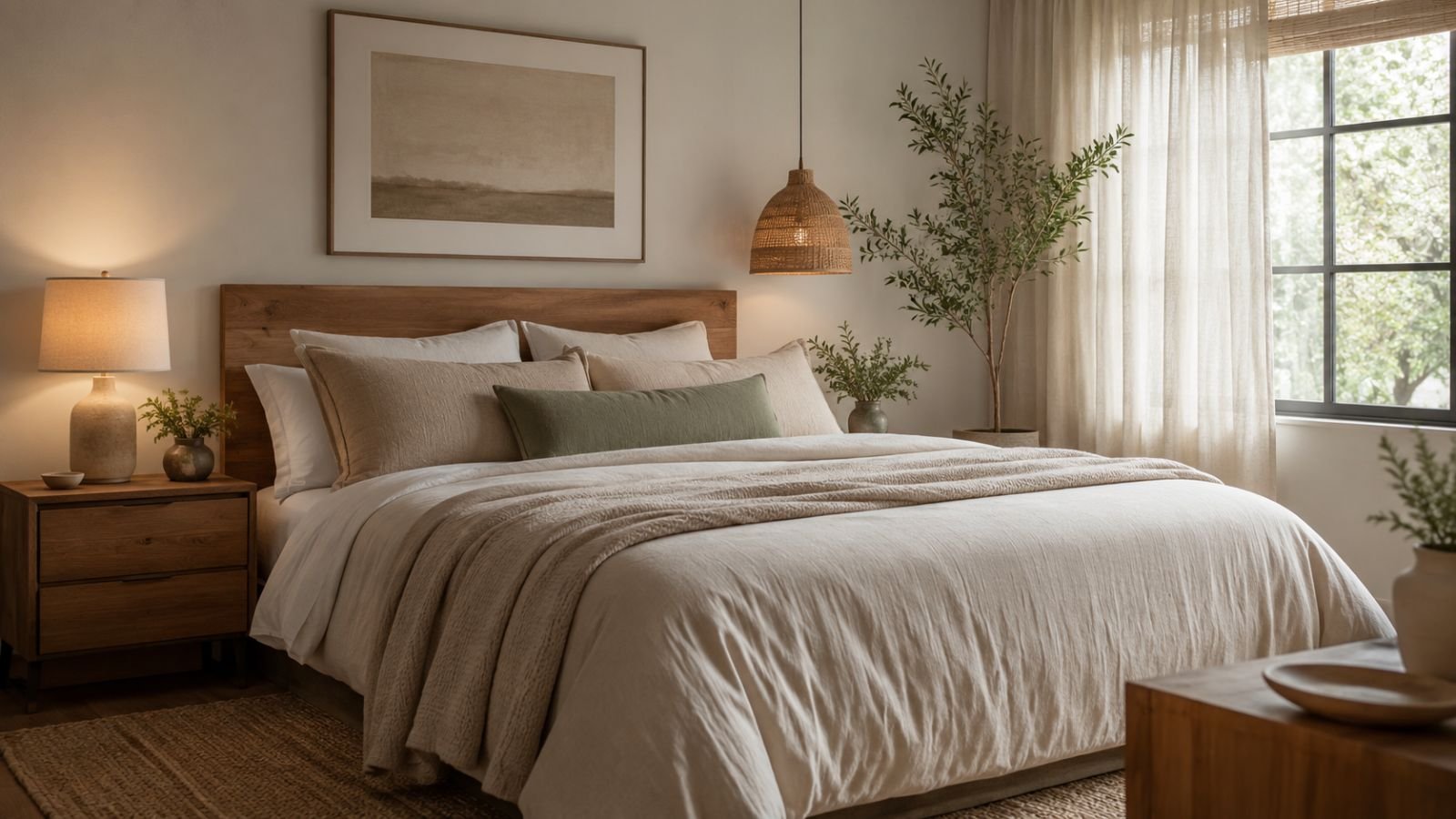 Como decorar um quarto aconchegante com cama em tons neutros, madeira natural, iluminação suave e plantas decorativas.