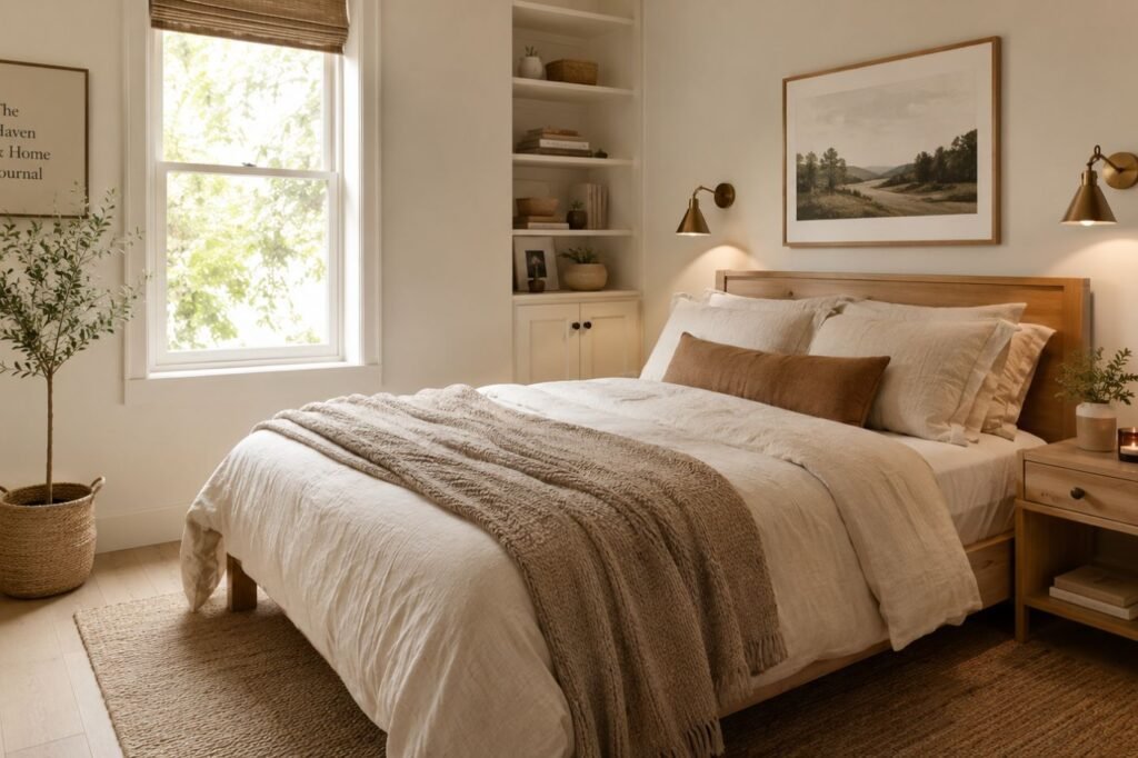 Como decorar um quarto pequeno aconchegante com cama proporcional, móveis de madeira clara, iluminação suave e organização funcional.