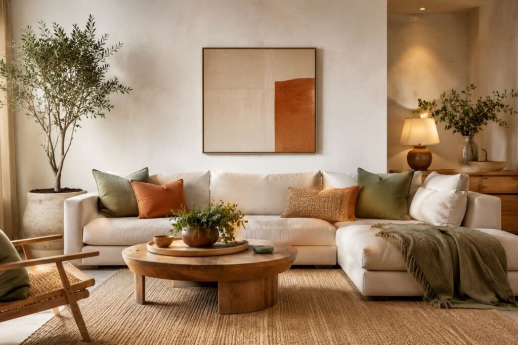 Sala pequena aconchegante com sofá claro, tapete de fibra natural, plantas, mesa de centro de madeira e iluminação suave.