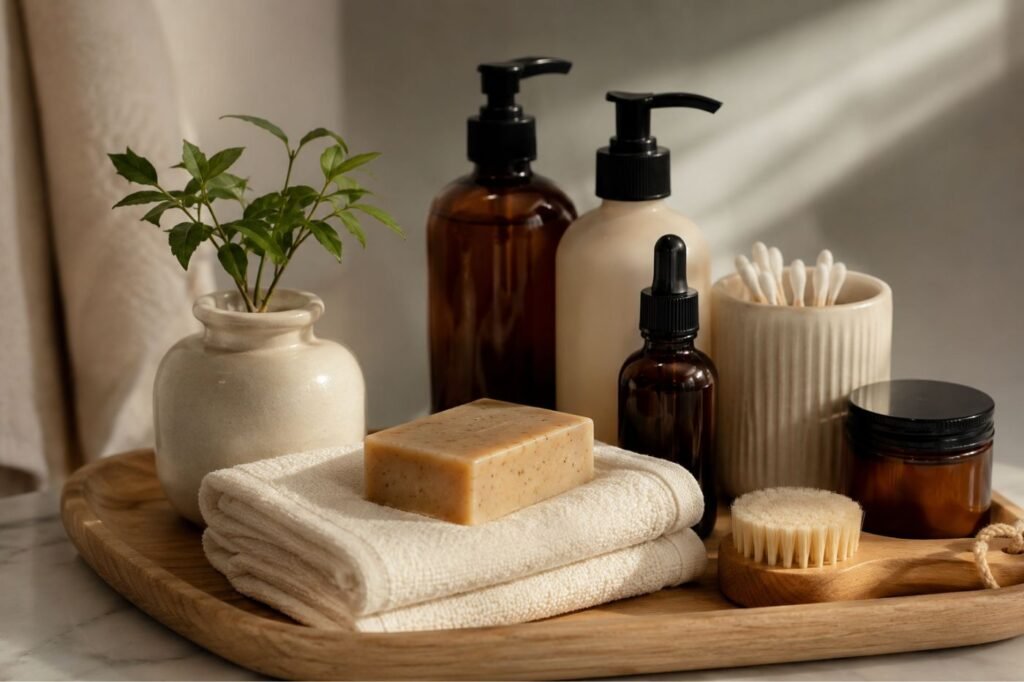 Produtos organizados em bandeja de spa com frascos altos atrás e itens menores na frente.
