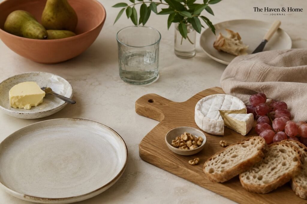 Mesa com louças de cerâmica, madeira, vidro e guardanapo de linho em tons naturais.