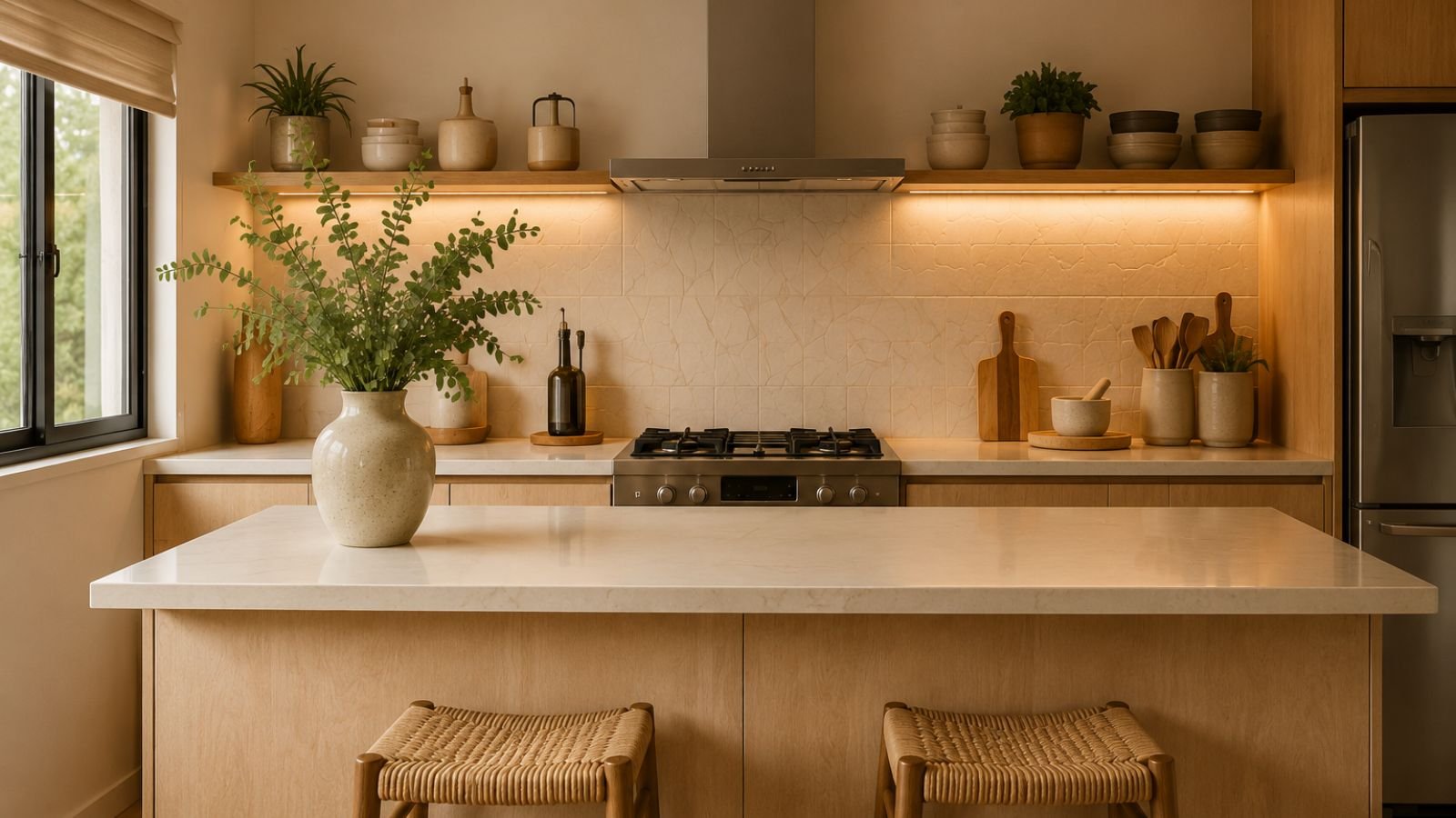 Como decorar uma cozinha aconchegante moderna com ilha, madeira clara e iluminação quente.