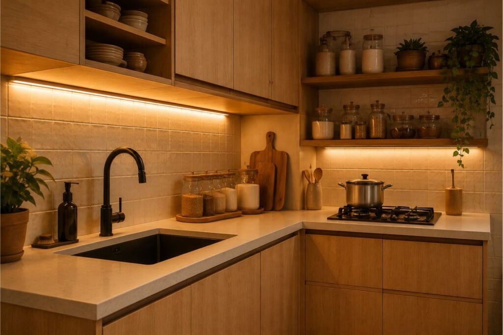 Como decorar uma cozinha aconchegante com madeira e iluminação quente.
