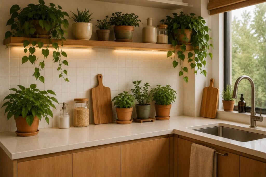Cozinha aconchegante com plantas e decoração natural.