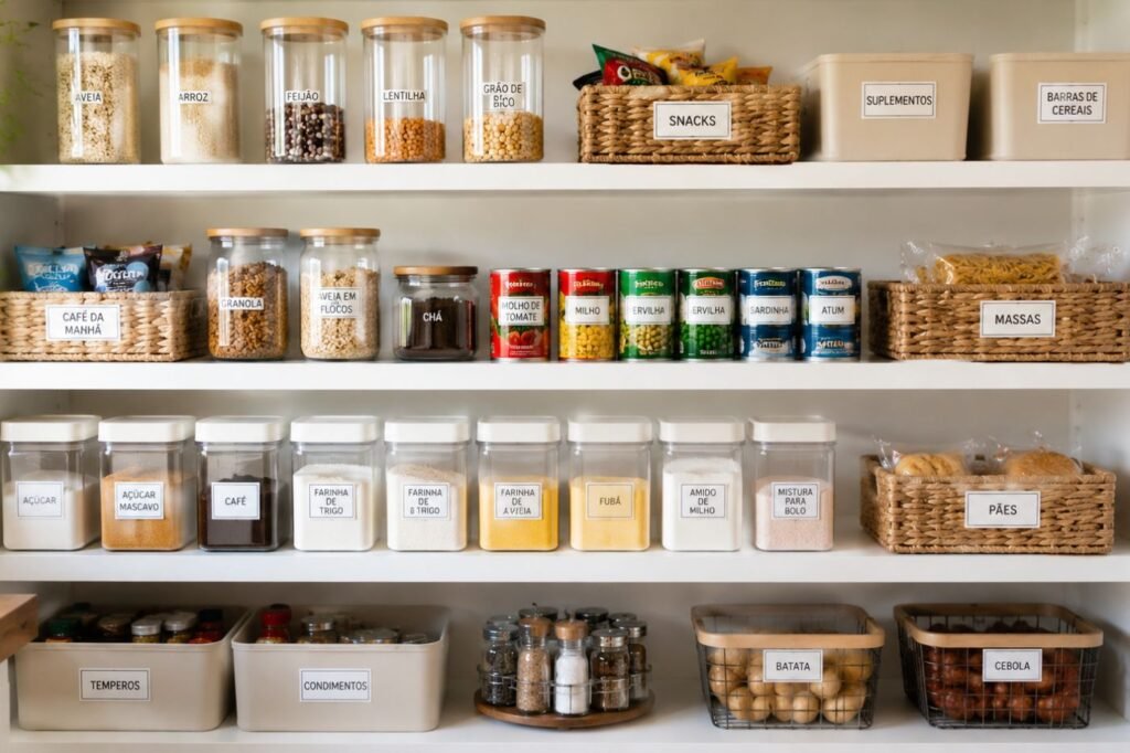 Despensa organizada com alimentos separados em cestos, potes e prateleiras