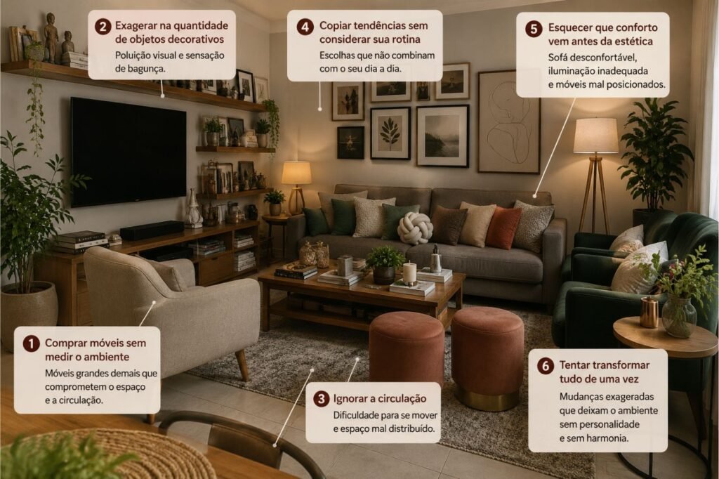 Sala com excesso de móveis e objetos decorativos, circulação prejudicada e iluminação inadequada, mostrando erros comuns de decoração.