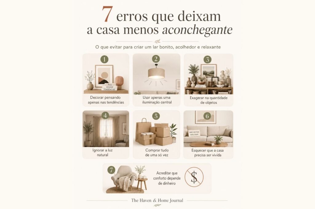 Infográfico com 7 erros que deixam a casa menos aconchegante, como seguir tendências demais, usar só iluminação central e exagerar nos objetos.