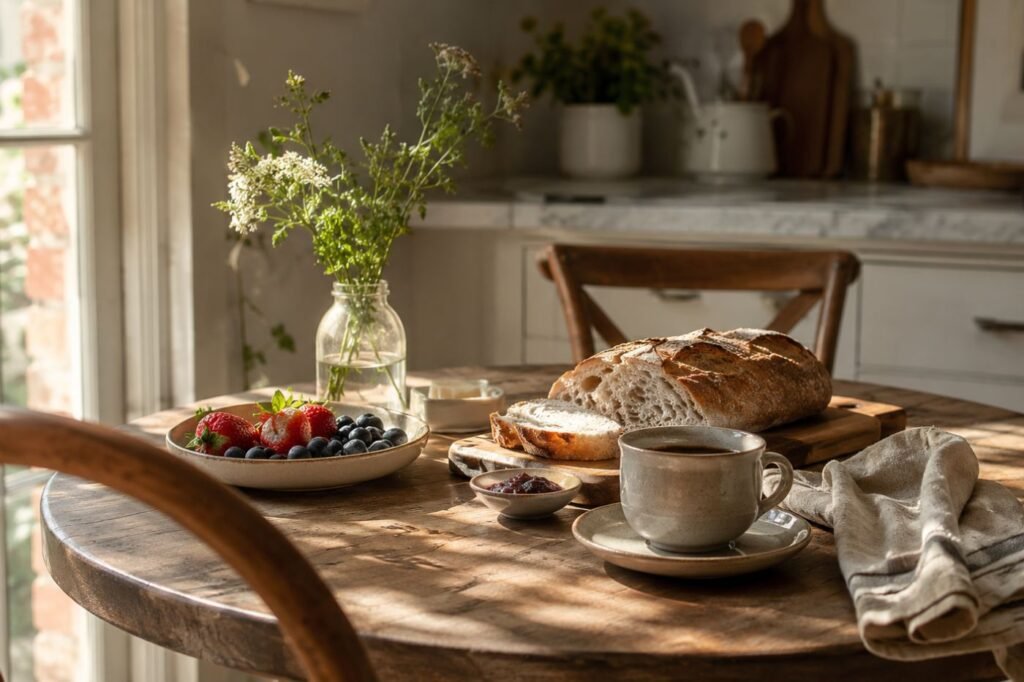 Cozinha bonita, funcional e acolhedora com café da manhã simples com frutas, pão e café em cozinha acolhedora