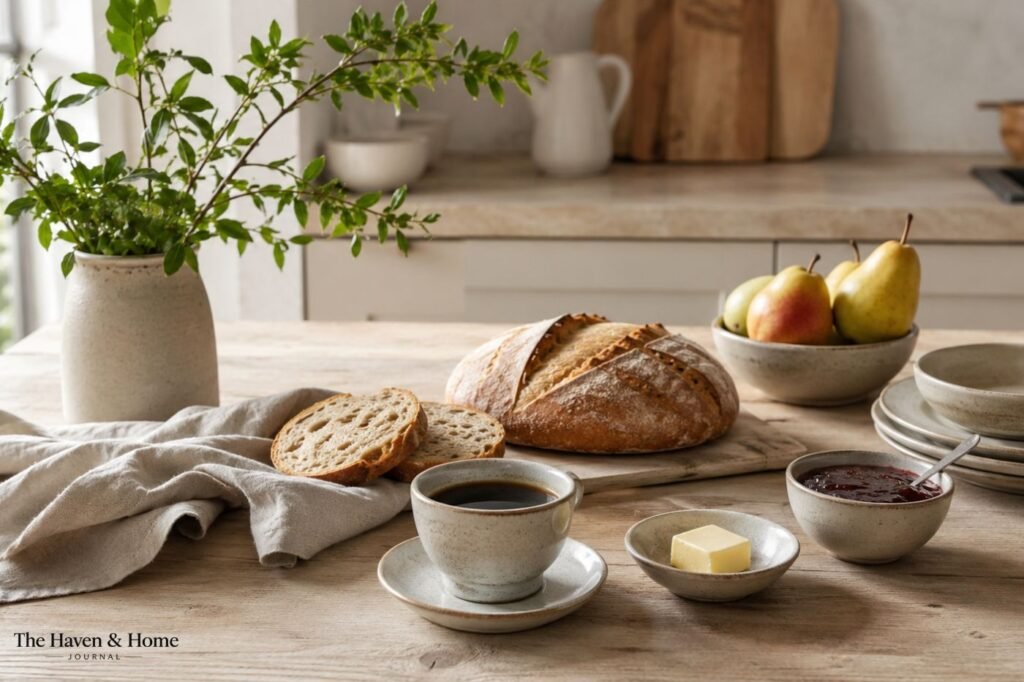 Mesa com pão artesanal, frutas, café e louças de cerâmica em uma cozinha acolhedora iluminada pela luz natural.