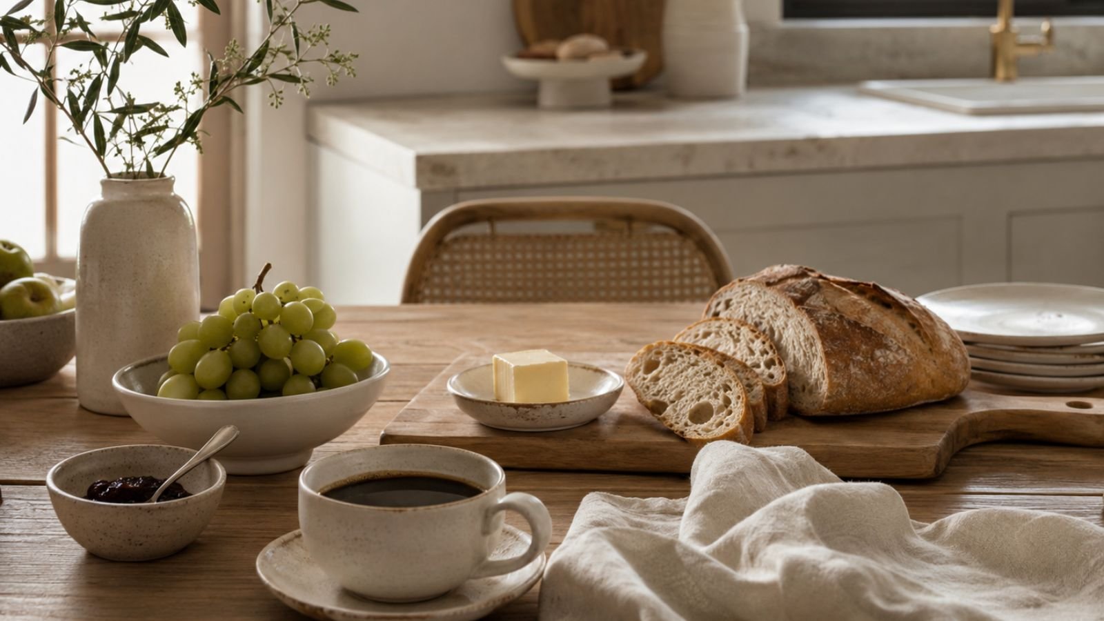 Mesa com café, pão, frutas e louças neutras representando o conceito de Home Food Aesthetic.