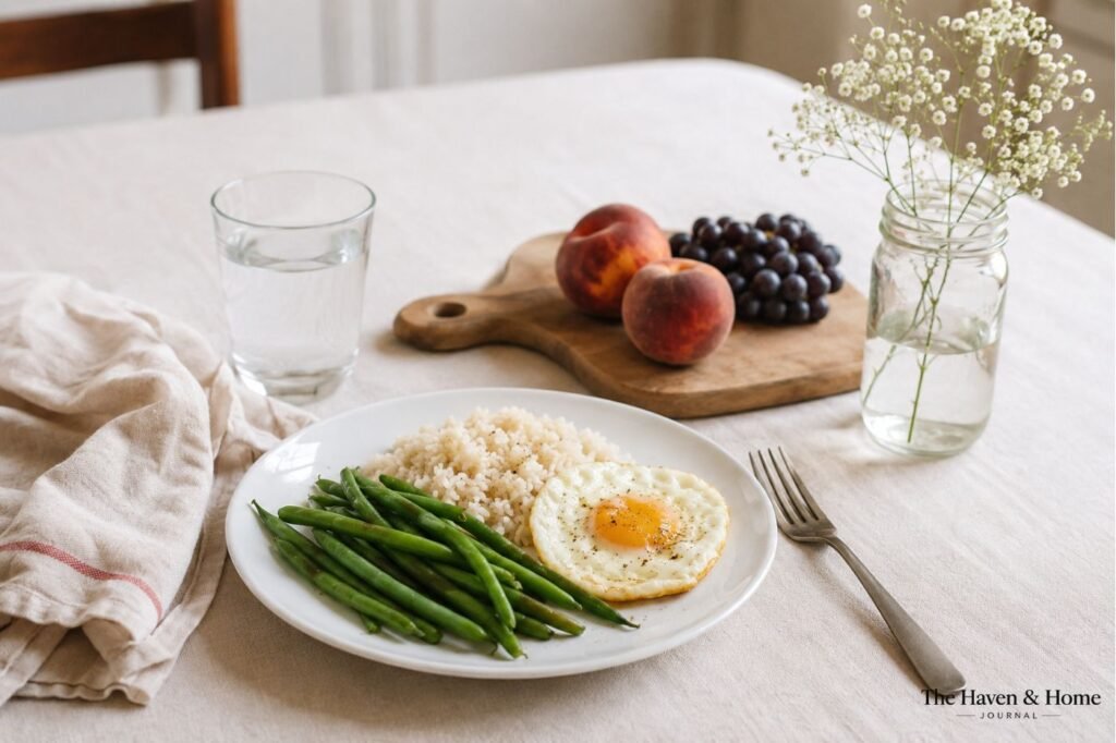 Refeição simples com prato branco, tábua de madeira, frutas e pote de vidro reutilizado.