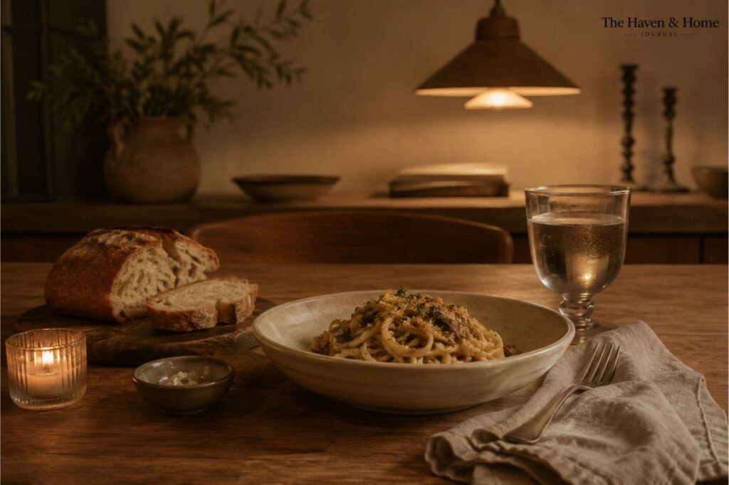 Mesa de jantar com comida simples, louças neutras e iluminação quente e suave.