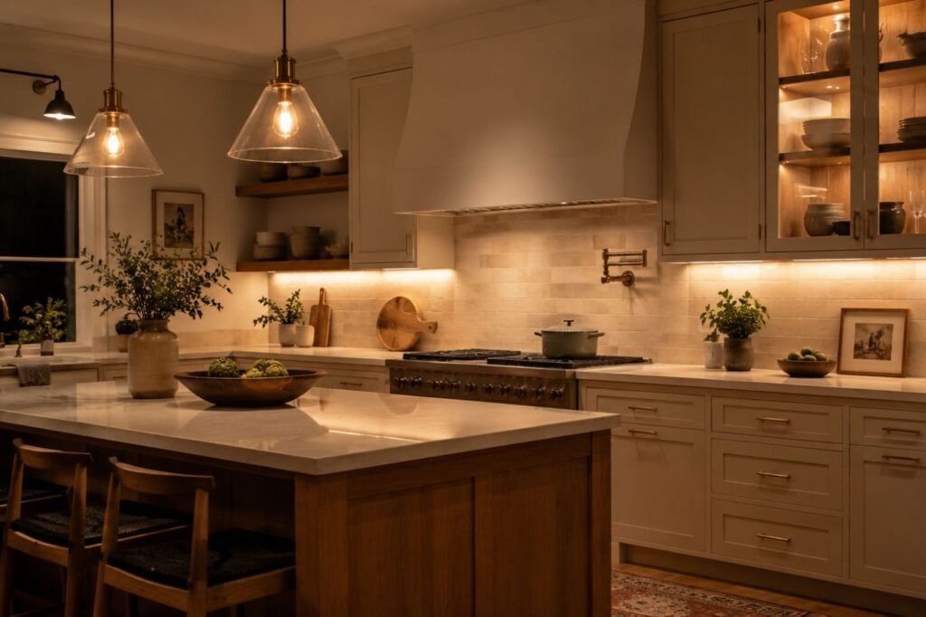 Cozinha com pendentes, luz sob os armários e iluminação acolhedora