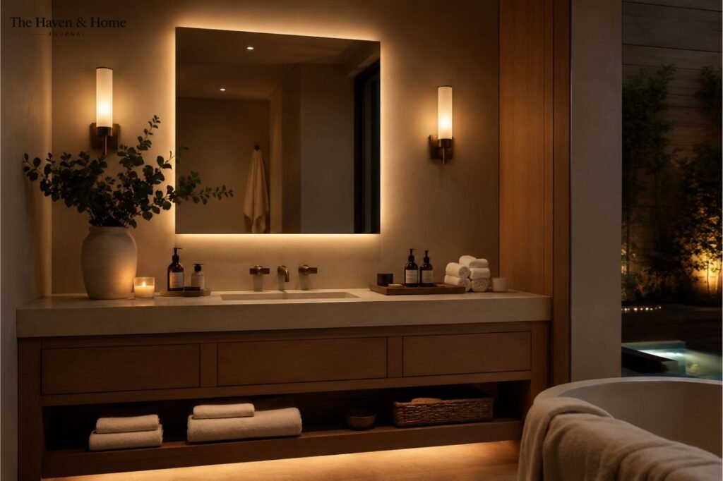 Banheiro com iluminação indireta e luz quente criando uma atmosfera relaxante.