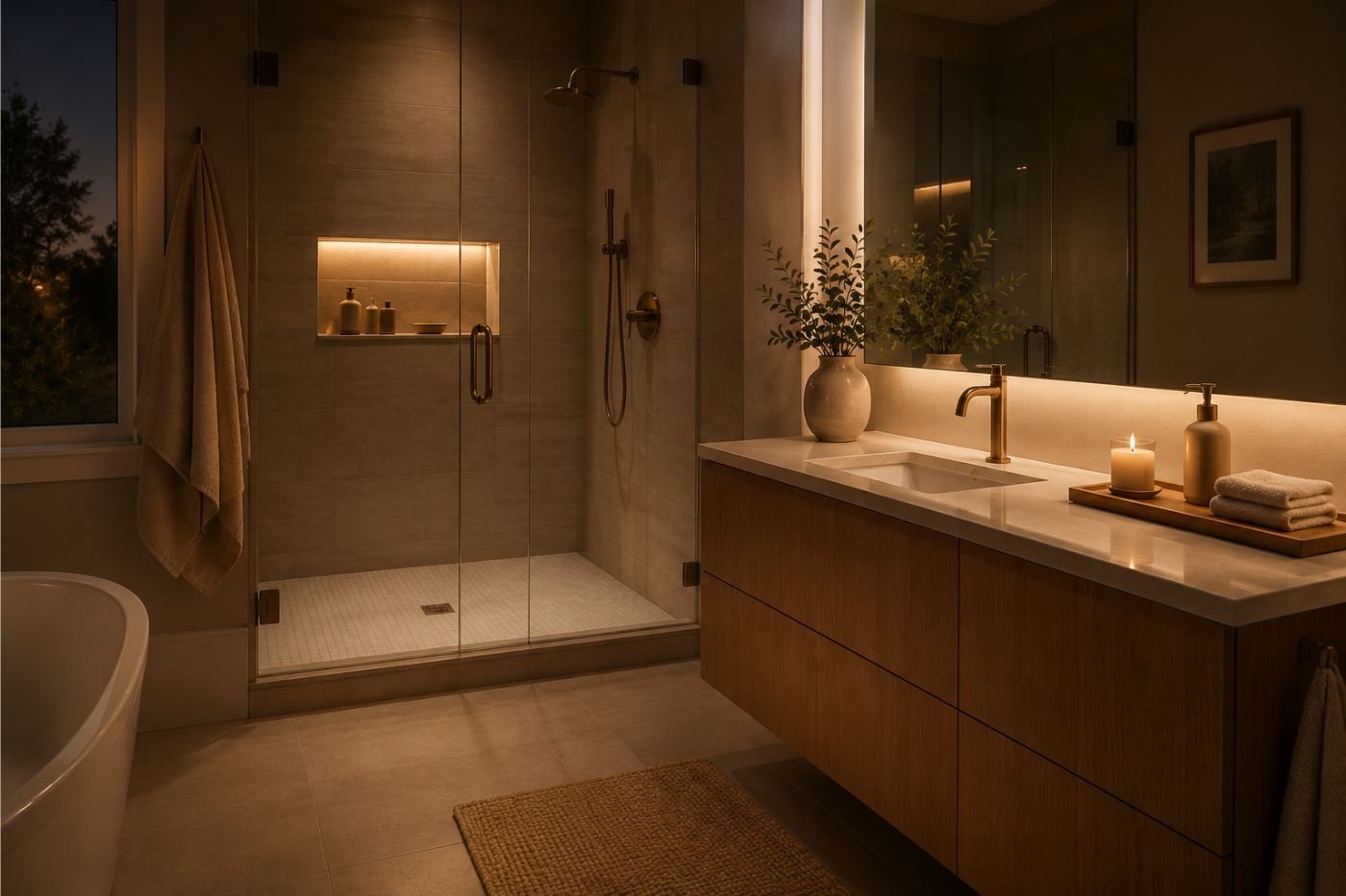 Iluminação suave para um banho relaxante Banheiro com iluminação quente e indireta criando uma atmosfera segura e relaxante.