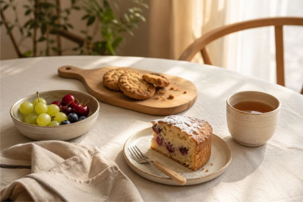 Fatia de bolo, frutas, biscoitos e chá servidos em louças neutras.