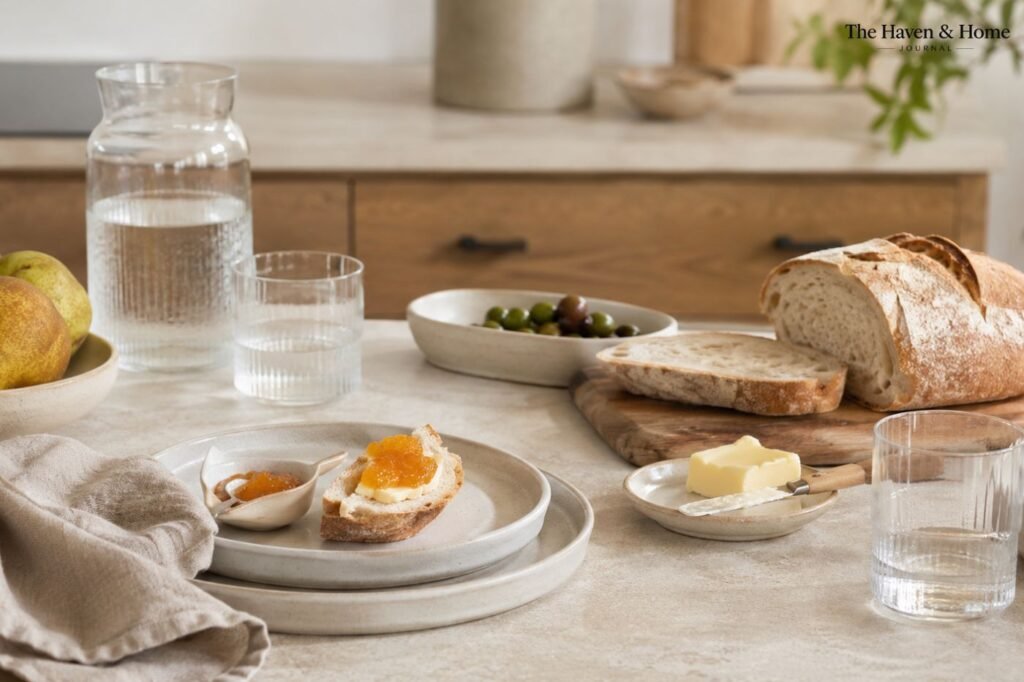 Pratos, bowls, travessa e tábua de madeira usados para servir alimentos simples.