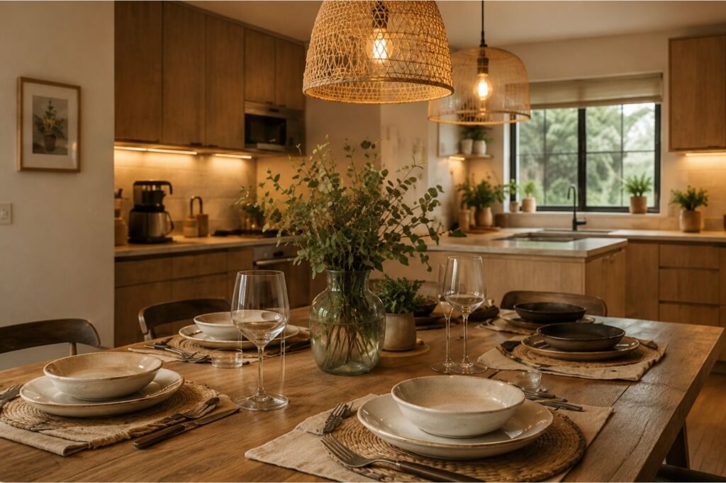 Mesa posta em cozinha aconchegante com decoração natural.