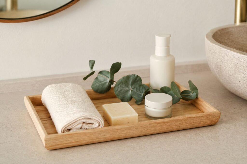 Bandeja pequena com toalha, sabonete, hidratante, skincare e ramo verde organizados sem excesso.