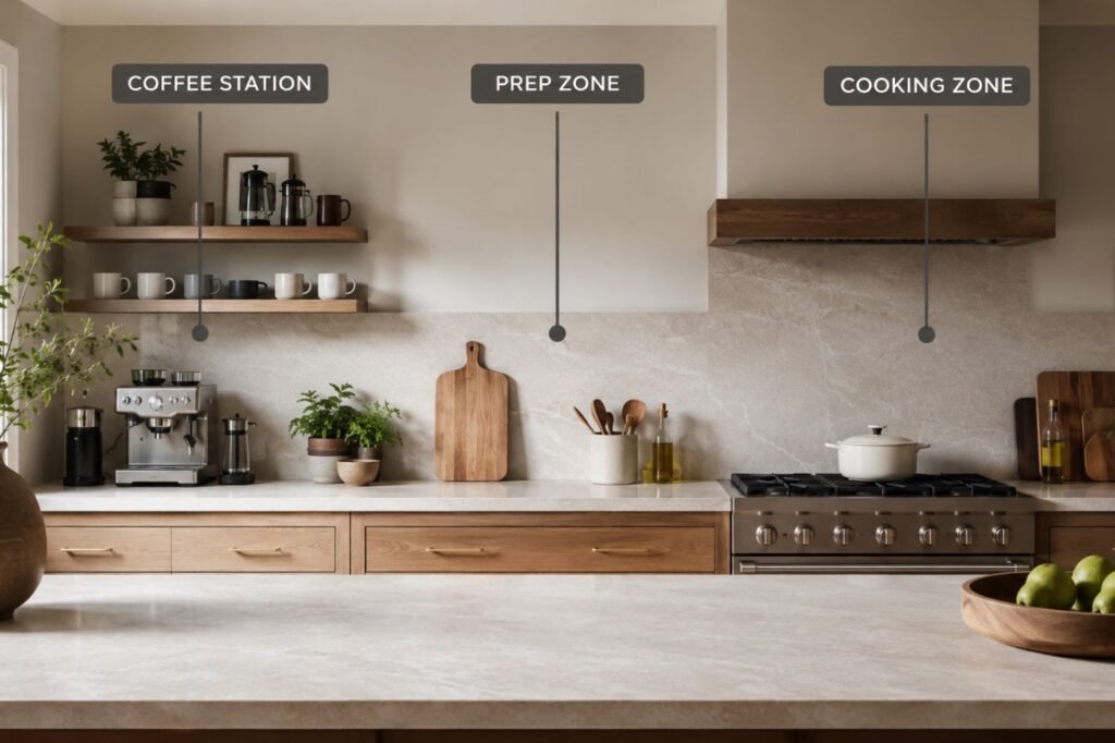 Cozinha organizada por zonas de preparo, café e cocção