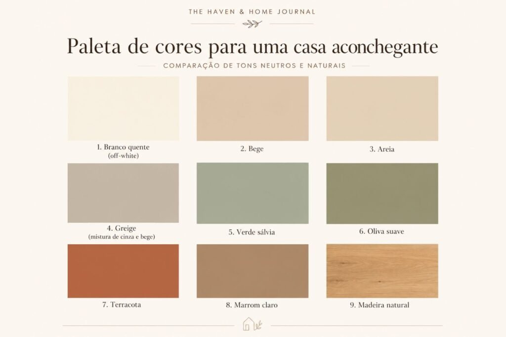 Comparação de paleta de cores para sala aconchegante com off-white, bege, areia, greige, verde sálvia, oliva suave, terracota, marrom claro e madeira natural.