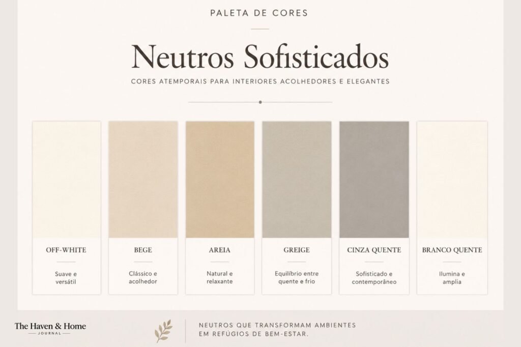 Paleta de cores para quarto aconchegante com off-white, bege, areia, greige, cinza quente e branco quente.