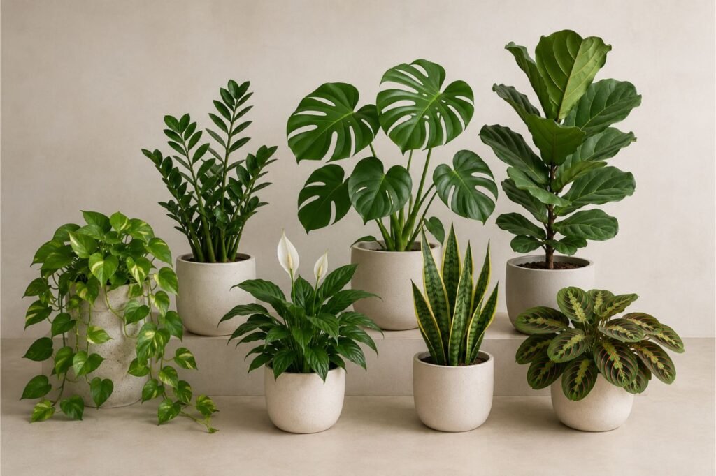 Jiboia, zamioculca, costela-de-adão, lírio-da-paz, espada-de-são-jorge, ficus lyrata e maranta em vasos neutros.