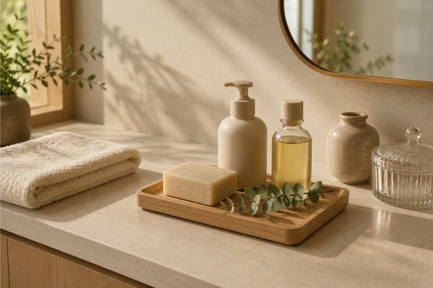Produtos para criar um banho relaxante Bandeja pequena com sabonete, hidratante e poucos produtos escolhidos para um banho relaxante.
