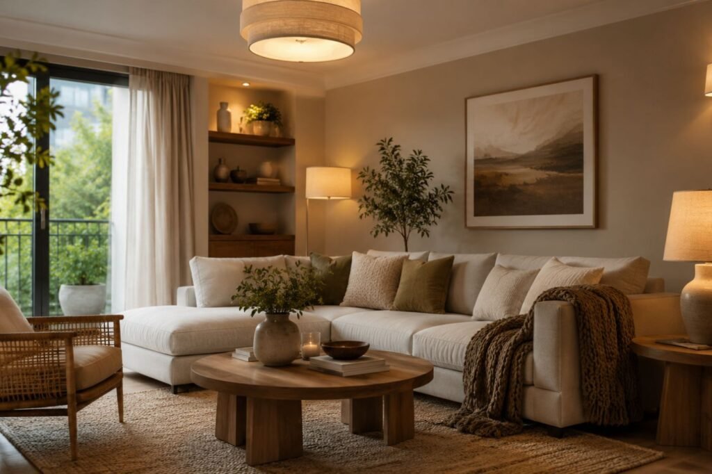 Como decorar uma sala aconchegante com sofá confortável, tapete de fibra natural, iluminação em diferentes níveis, plantas e móveis de madeira.