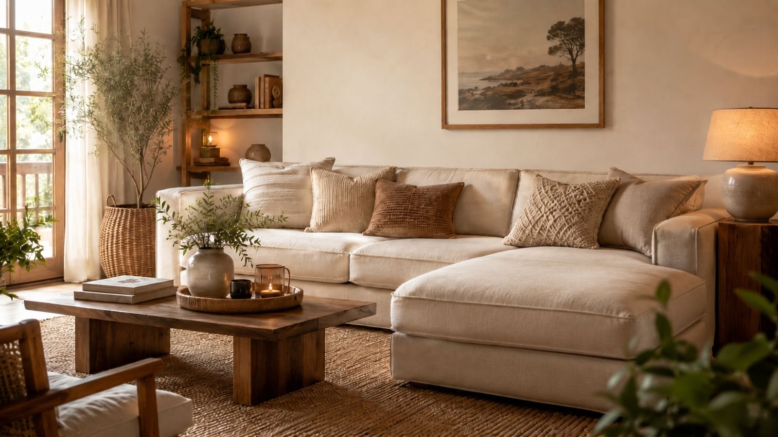Como decorar uma sala aconchegante moderna com sofá claro, madeira natural, iluminação quente e plantas decorativas.