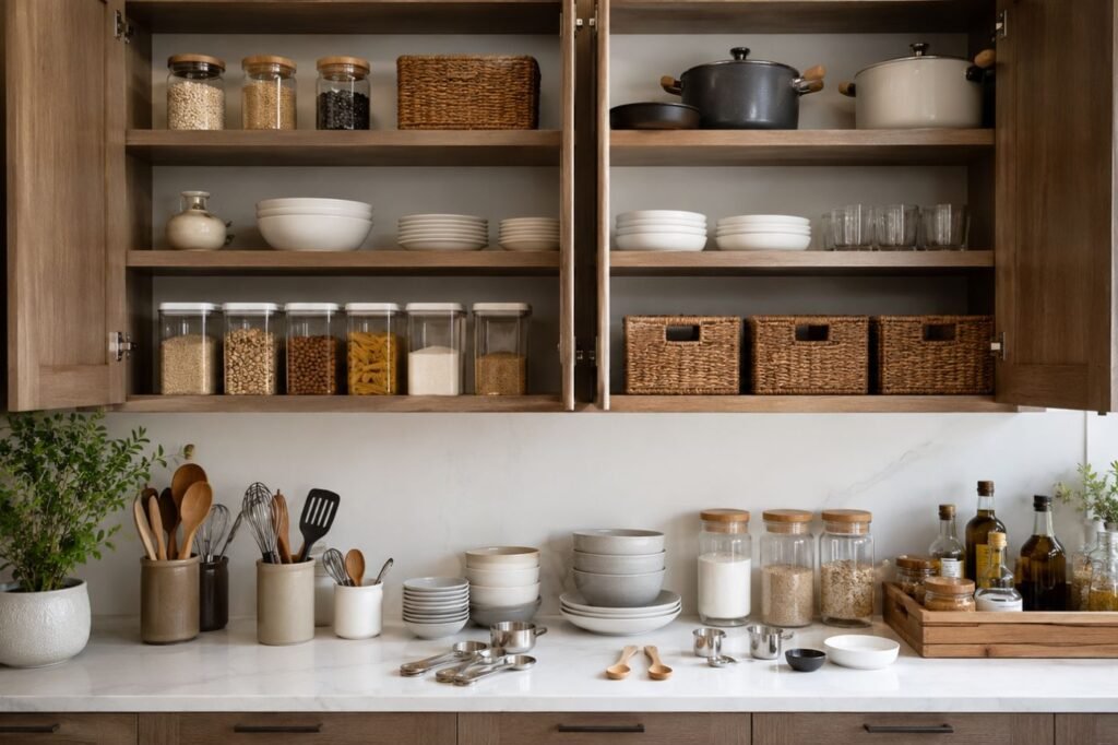 Utensílios de cozinha separados por categorias antes da organização