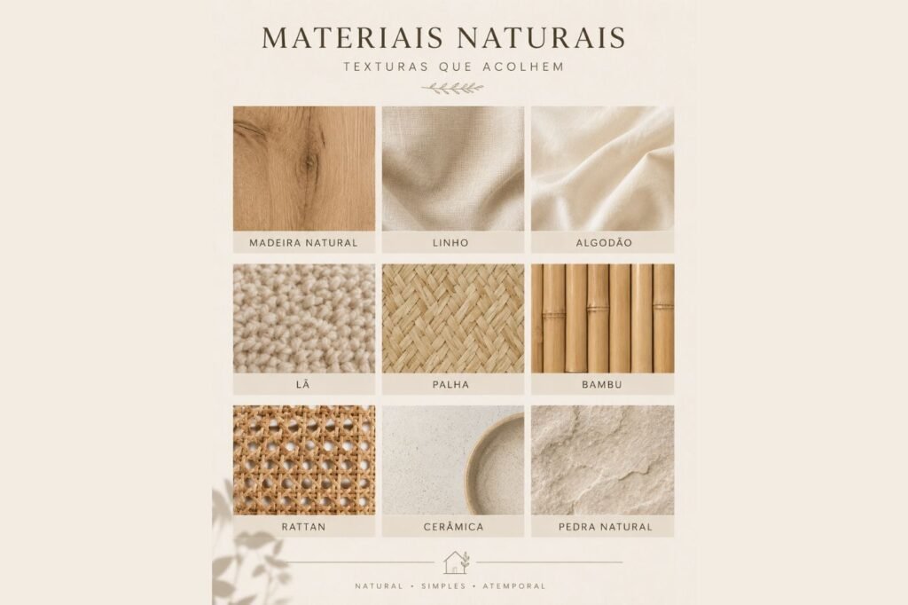 Texturas naturais para casa aconchegante com madeira, linho, algodão, lã, palha, bambu, rattan, cerâmica e pedra natural.